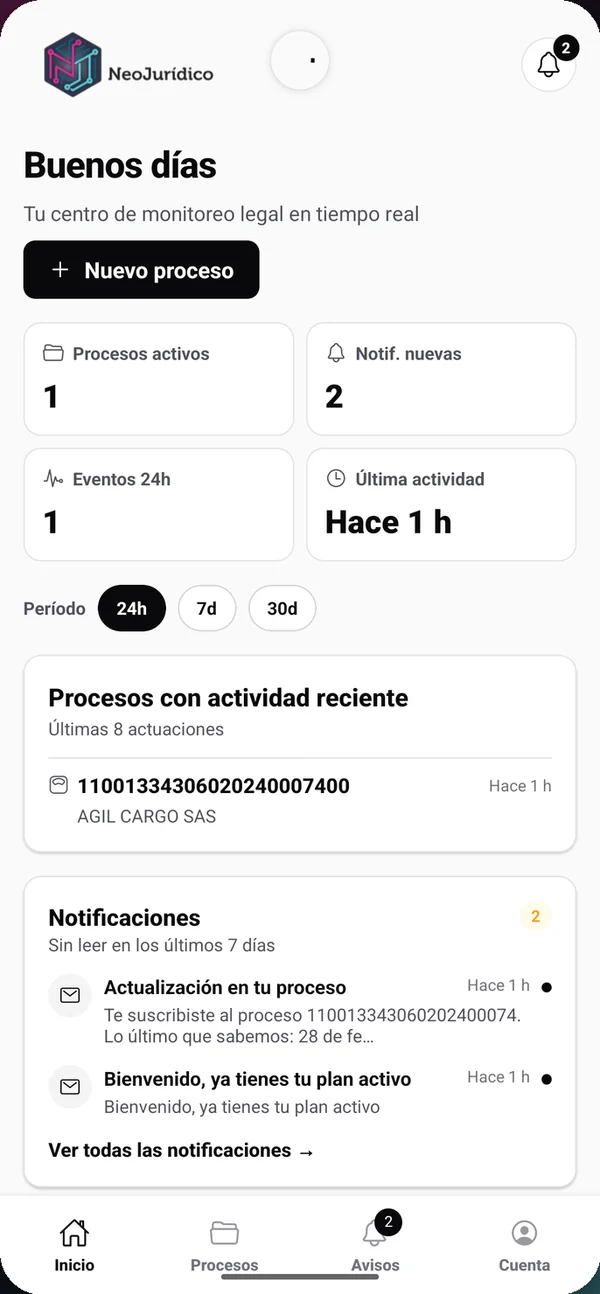 Pantalla de inicio de la app de NeoJurídico con procesos activos y notificaciones